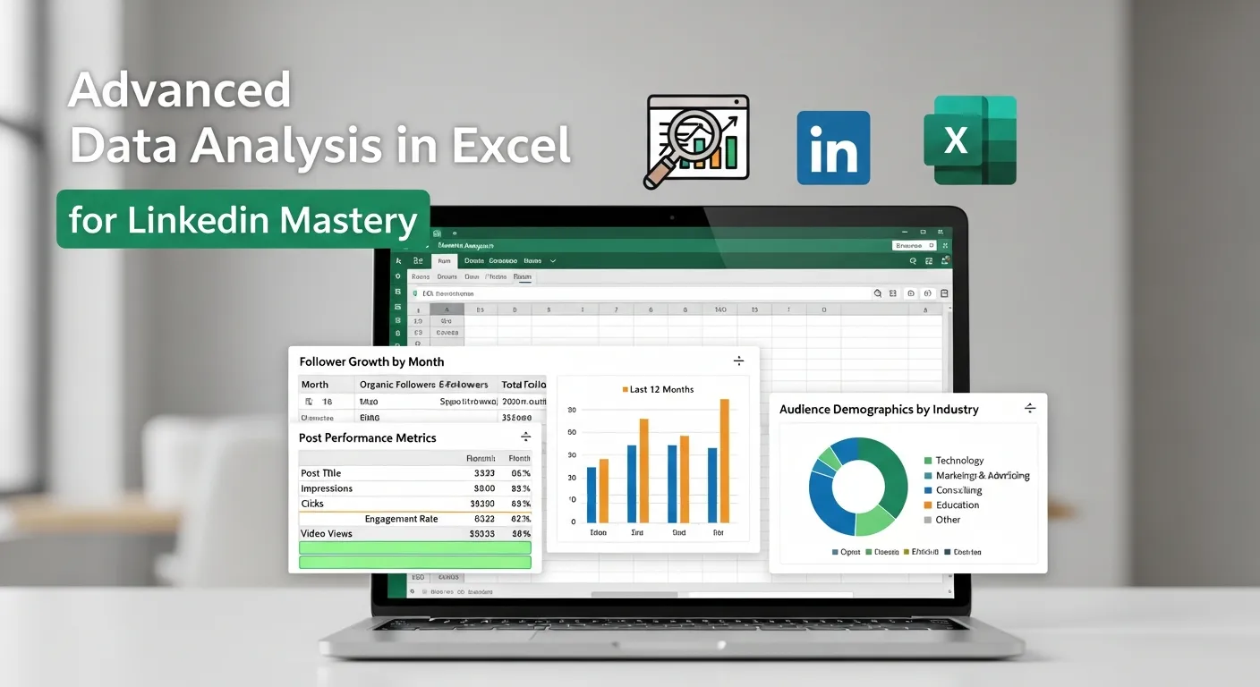 An Excel spreadsheet showcasing LinkedIn Analytics data with pivot tables, colorful charts, and conditional formatting for advanced analysis.