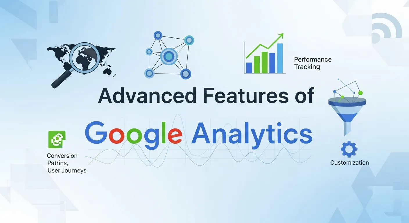 Google Analytics advanced features screen with Goals setup and custom report options.