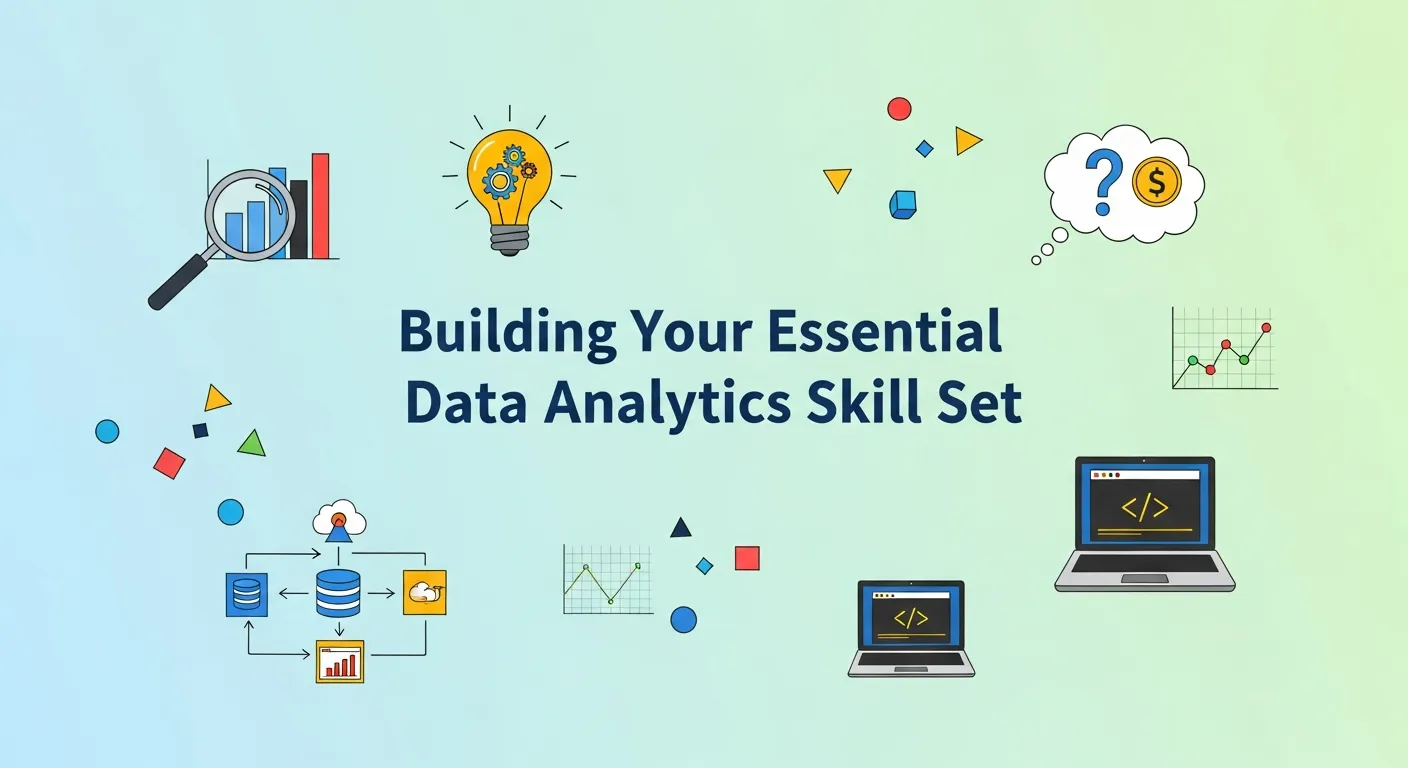 Icons of Python, SQL, Tableau, and statistical graphs representing essential data analytics skills.