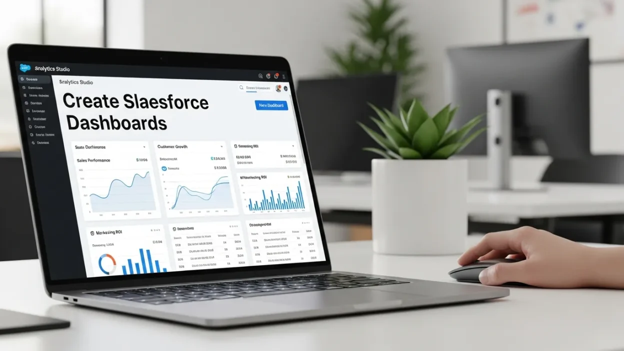 Illustration of Salesforce Dashboards showcasing interactive charts, KPIs, and data visualizations in Analytics Studio