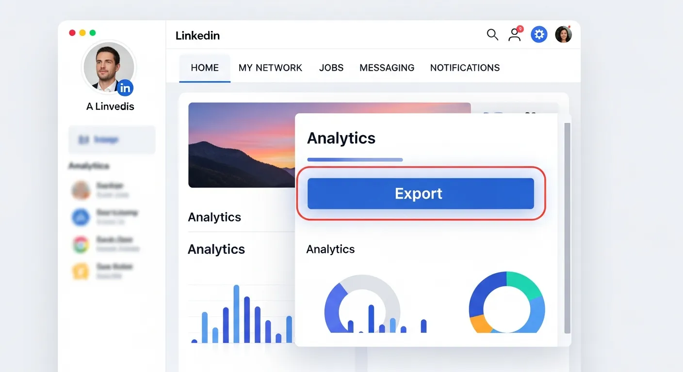 LinkedIn interface highlighting the Analytics tab and Export button, guiding users on how to access and download analytics data