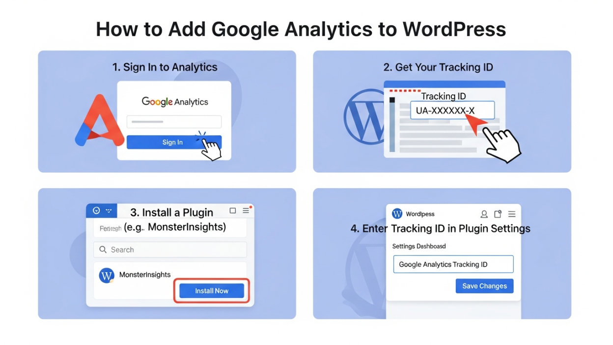 A modern feature image showcasing the integration of Google Analytics to WordPress, featuring the WordPress logo, Google Analytics dashboard, and a step-by-step guide concept in a clean, visually appealing design