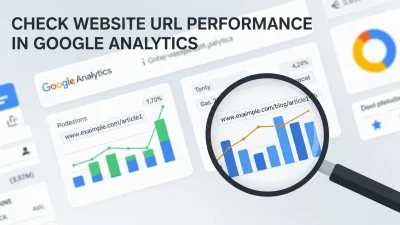 A computer screen displaying analytics graphs, a magnifying glass over a URL bar, and a clean, professional design, symbolizing website URL tracking in Google Analytics.
