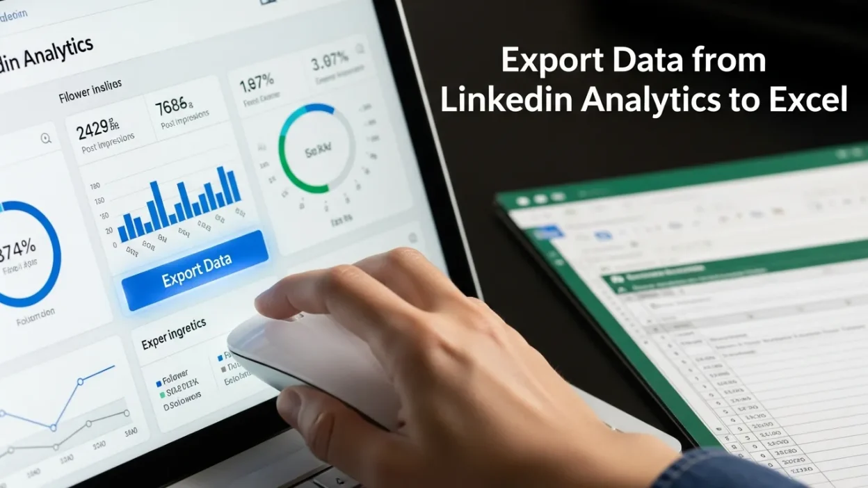 A professional dashboard showcasing LinkedIn Analytics data, including graphs, charts, and metrics, displayed on a laptop screen in a modern office setting.