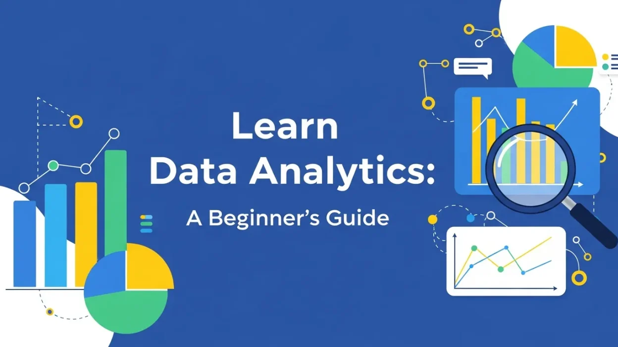 Illustration of data analytics process with charts, graphs, and a laptop, symbolizing insights and decision-making