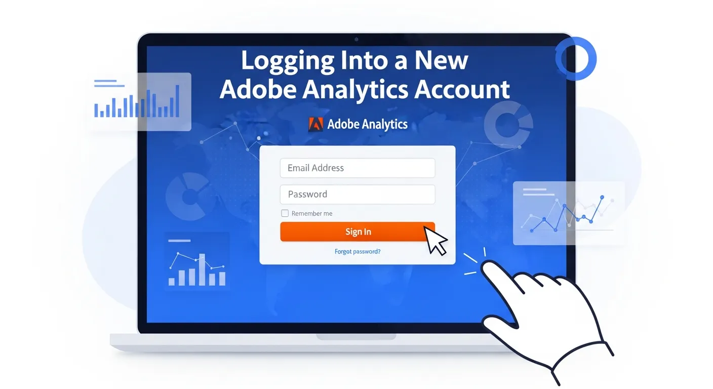 Screenshot of the Adobe Analytics Experience Cloud login page with login fields highlighted.