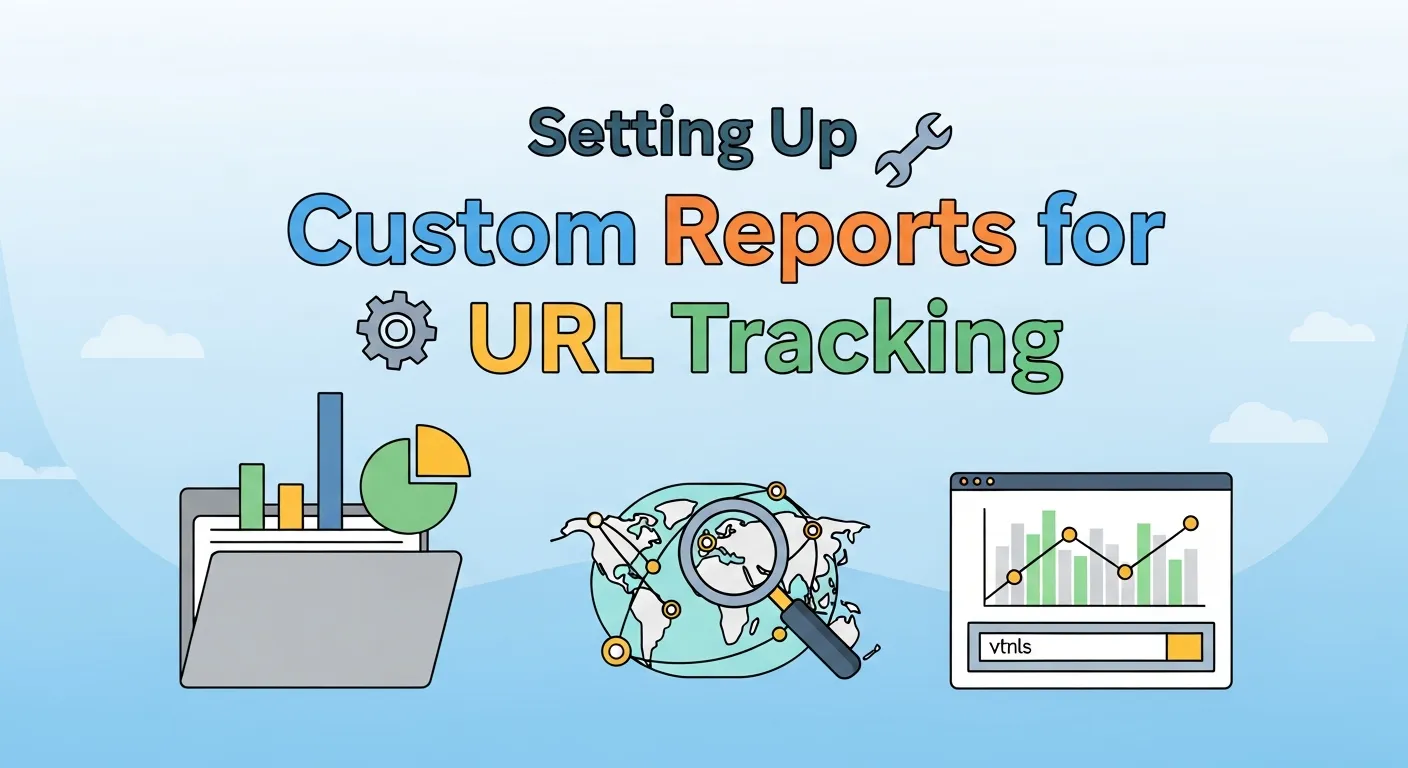 Google Analytics Custom Reports setup screen with metrics and dimensions configured for URL tracking.