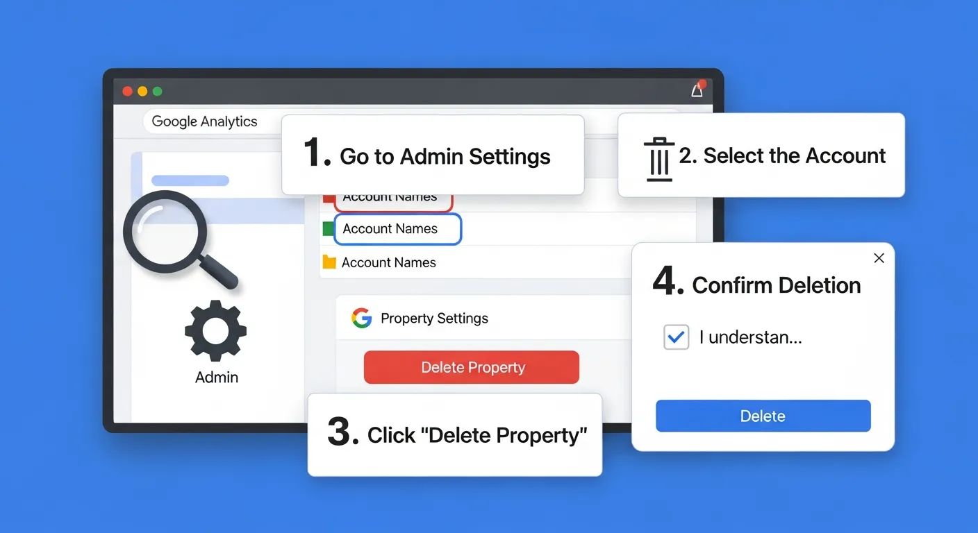 Google Analytics Admin panel with the Move to Trash Can option highlighted for account deletion