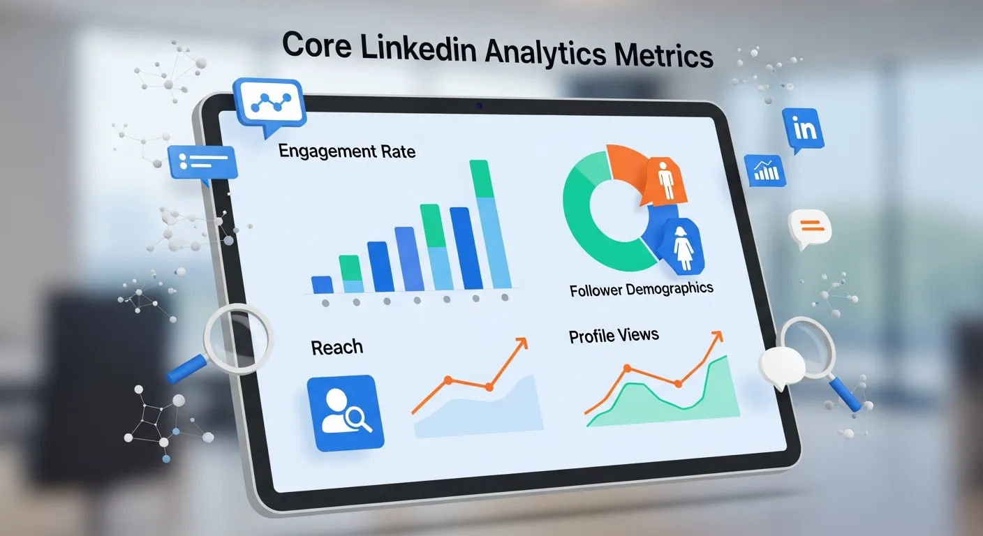 A detailed LinkedIn Analytics dashboard displaying visitor demographics, impressions, and engagement rates, with colorful graphs and charts for better visualization.