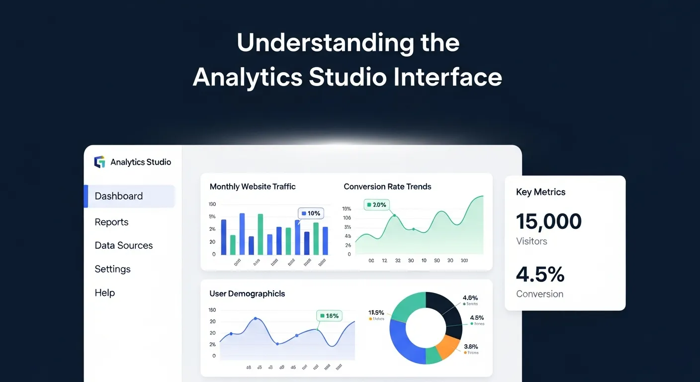 Screenshot of Salesforce Analytics Studio interface highlighting key areas like App Launcher, Home Screen, and Datasets Tab.