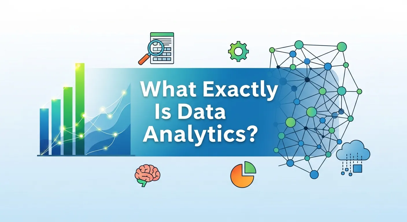 Illustration of data analysis process with charts, graphs, and a magnifying glass, symbolizing uncovering insights from raw data.